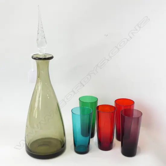 WHITE FRIARS DECANTER & 5 COLOURED GLASSES