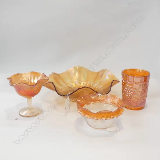 4 PCES CARNIVAL GLASS BOWL, BEAKER, COMPORT & DISH