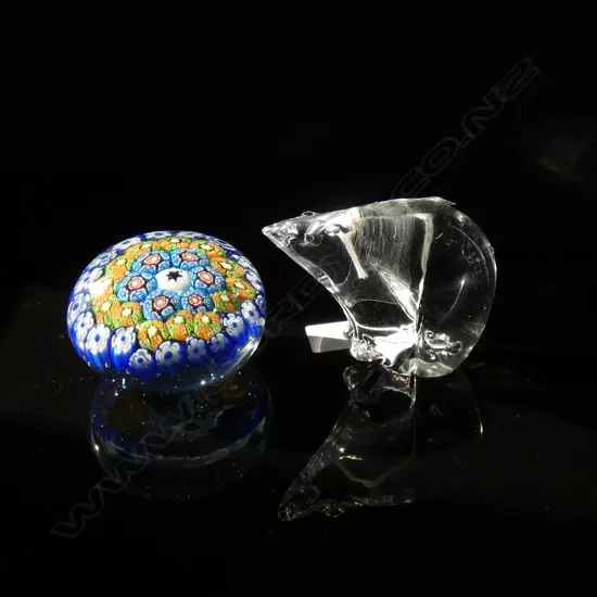 2 GLASS PAPER WEIGHTS; POLAR BEAR & MILLEFIORI