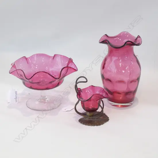 3 PIECES EDWARDIAN CRANBERRY GLASS