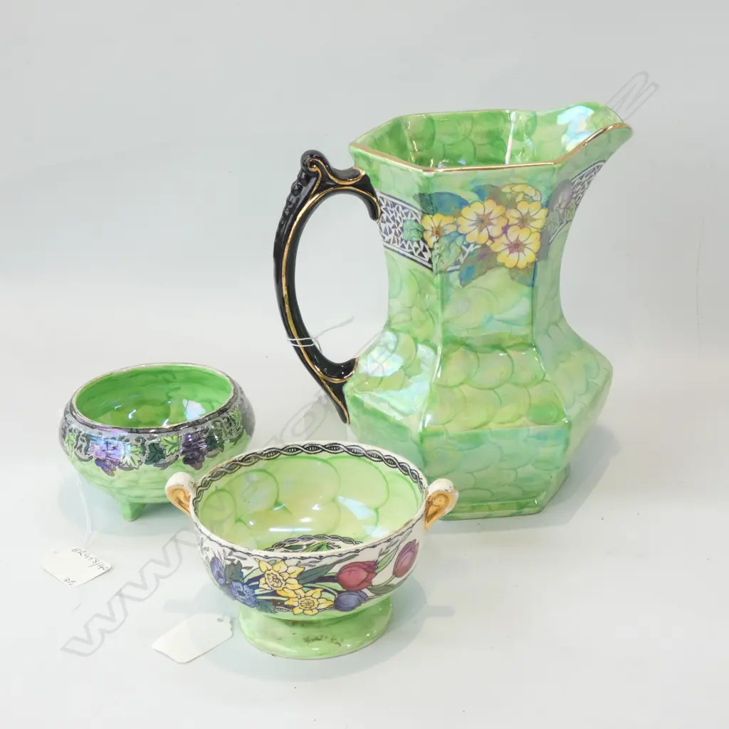 3 PCSE GREEN LUSTRE MALING CHINA JUG & 2 BOWLS Image 1++