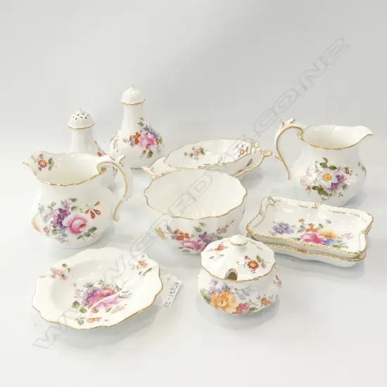 11 PCS ROYAL CROWN DERBY, DERBY POSIES; JUGS/ S&P/ SUGAR & CREAM/ DISHES - MIX OF GREEN & RED STAMPS