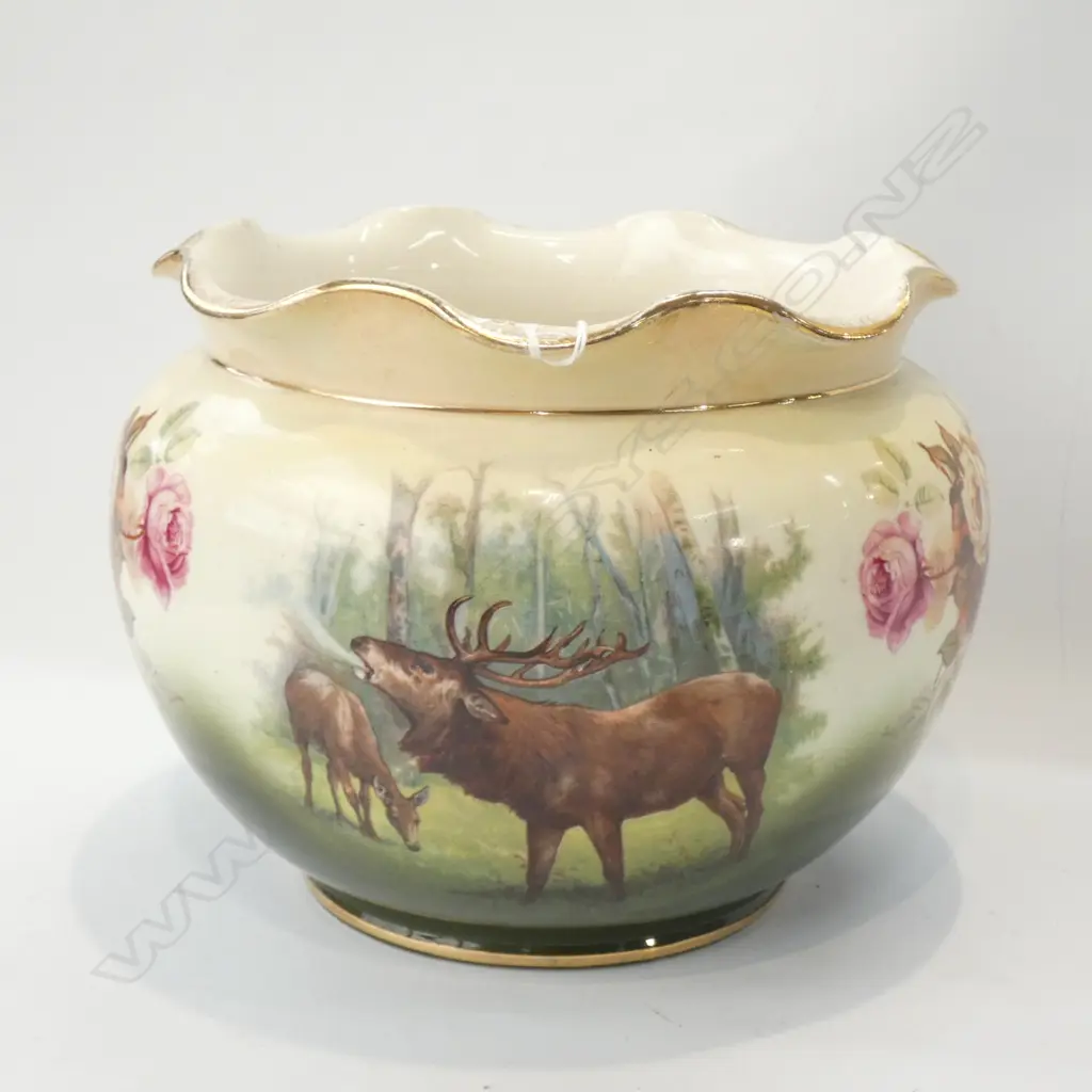 VINTAGE STAFFORDSHIRE JARDINIERE DECORATED WITH ROSES & STAGS DIA 215MM Image 1++