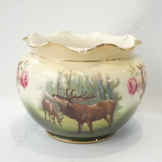 VINTAGE STAFFORDSHIRE JARDINIERE DECORATED WITH ROSES & STAGS DIA 215MM