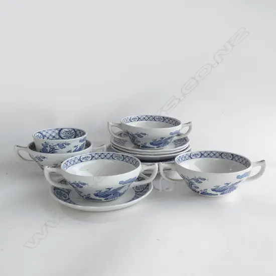 MASONS IRONSTONE 4 OLD CHELSEA SOUP COUPES, SAUCERS, PLATES & BOWL