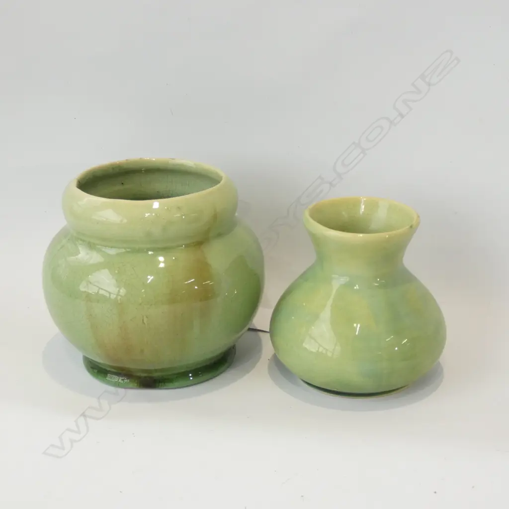 2 1940S C/LYNN GREEN GLAZED VASES Image 1++