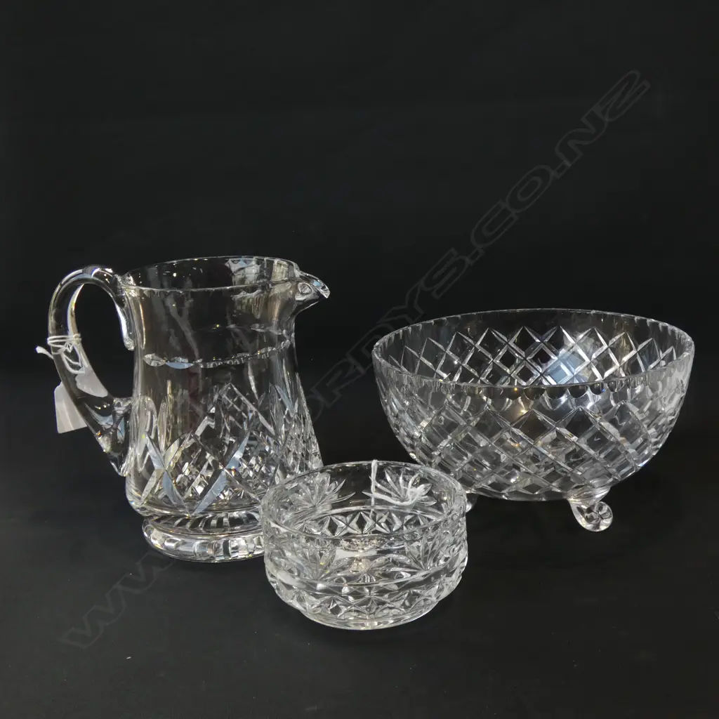 3 PCS CRYSTAL; STUART CRYSTAL JUG (H 185MM) BOWL (DIA 195MM) & WINE BOTTLE COASTER  Image 1++