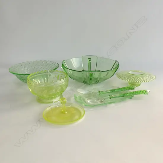 7 PCS URANIUM GLASS; PR SALAD SERVERS & BOWL  / RING HOLDER + 4 OTHER