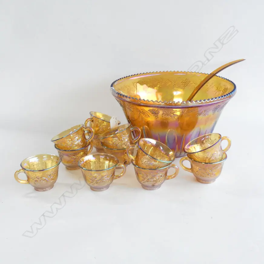 PRESSED GLASS PUNCH BOWL 310mm dia + 12 CUPS & LADLE Image 1++