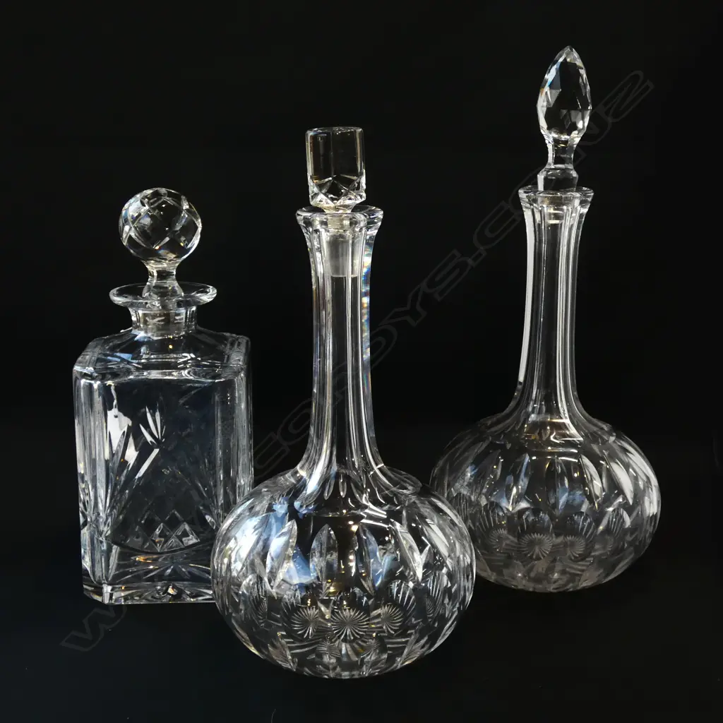 3 VICTORIAN GLASS DECANTERS + SQUARE WHISKY DECANTER (CHIP TO END OF STOPPER) Image 1++