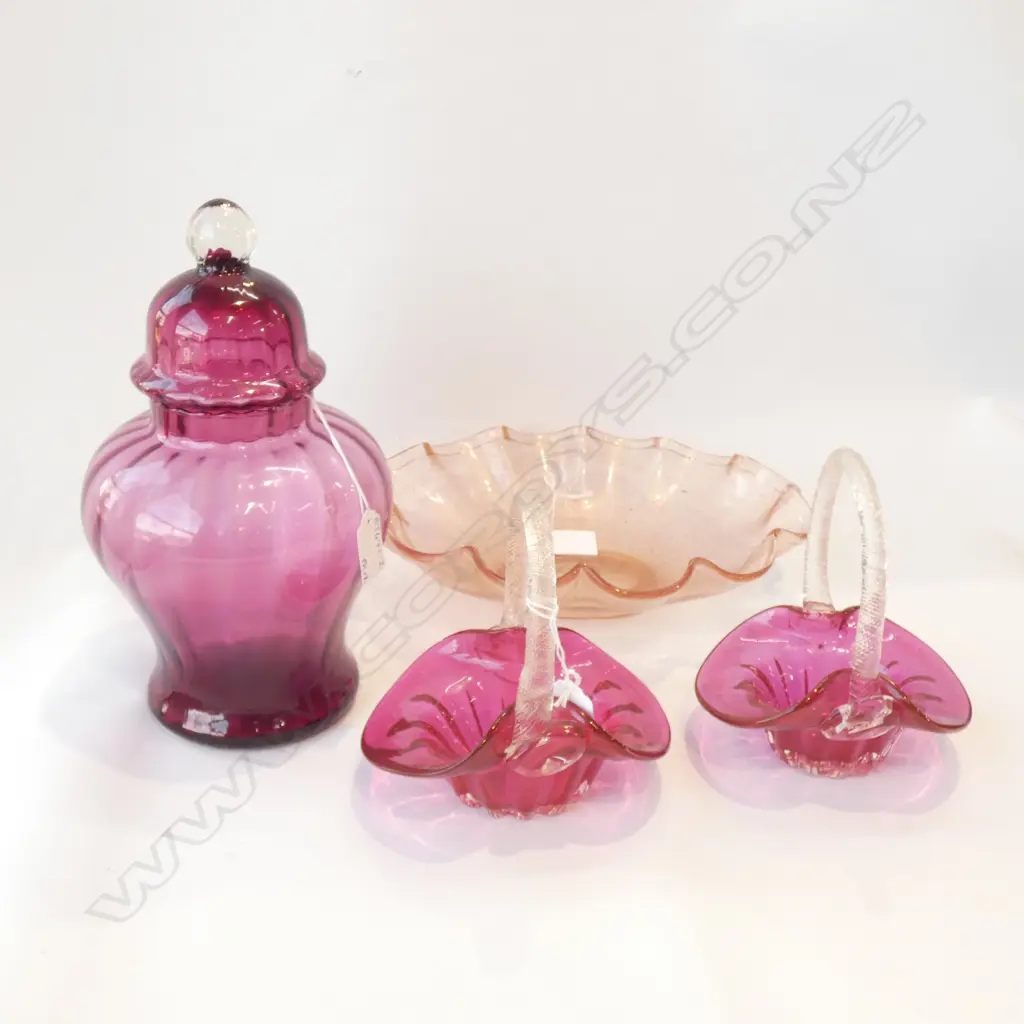 3 PCS VINTAGE CRANBERRY GLASS; 2 BASKETS (L155MM) & LG LIDDED JAR (H 300MM)+ MURANO PINK GLASS DISH (L295MM) Image 1++