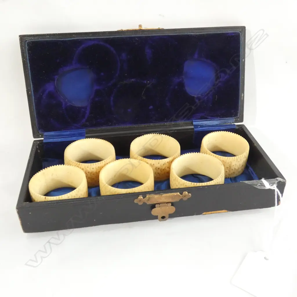 6 CARVED BONE NAPKIN RINGS W BOX  Image 1++