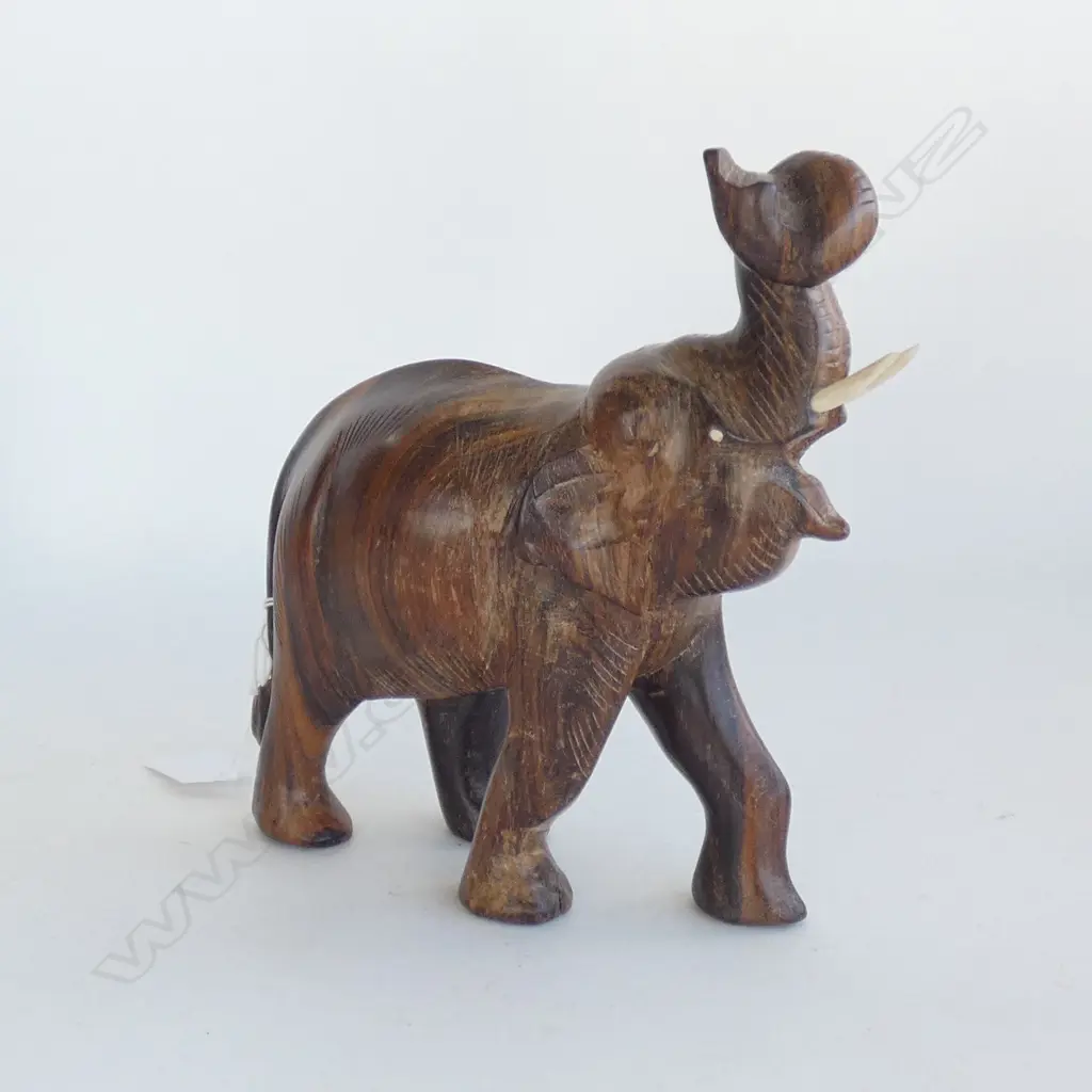 VINTAGE WOODEN CARVED ELEPHANT W TUSKS & TRUNK UP L 170MM Image 1++