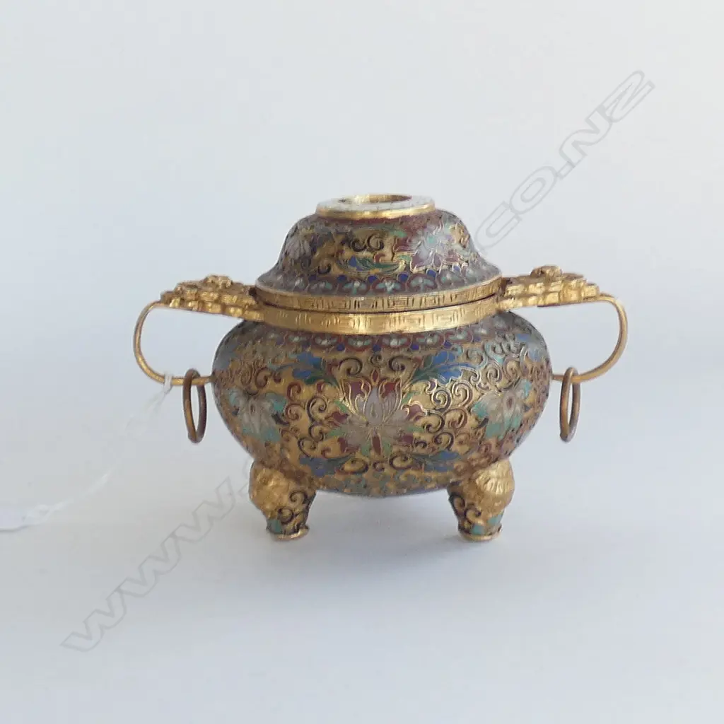 CHINESE CHAMPLEVE ENAMEL & GILT CENSER. W.165mm ACROSS HANDLES Image 1++