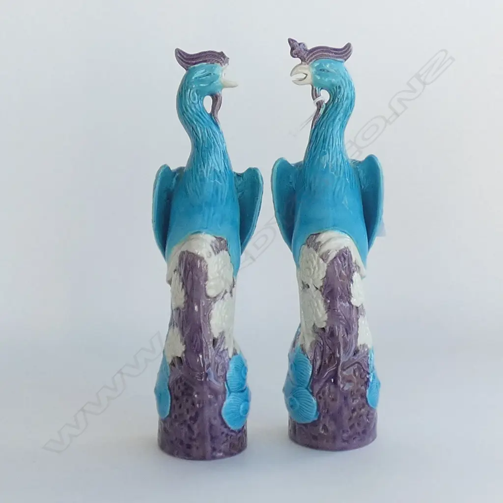 2 CHINESE PHOENIX, TURQUOISE & AUBERGINE GLAZE, (DAMAGE TO ONE BEAK). H. 250mm Image 1++
