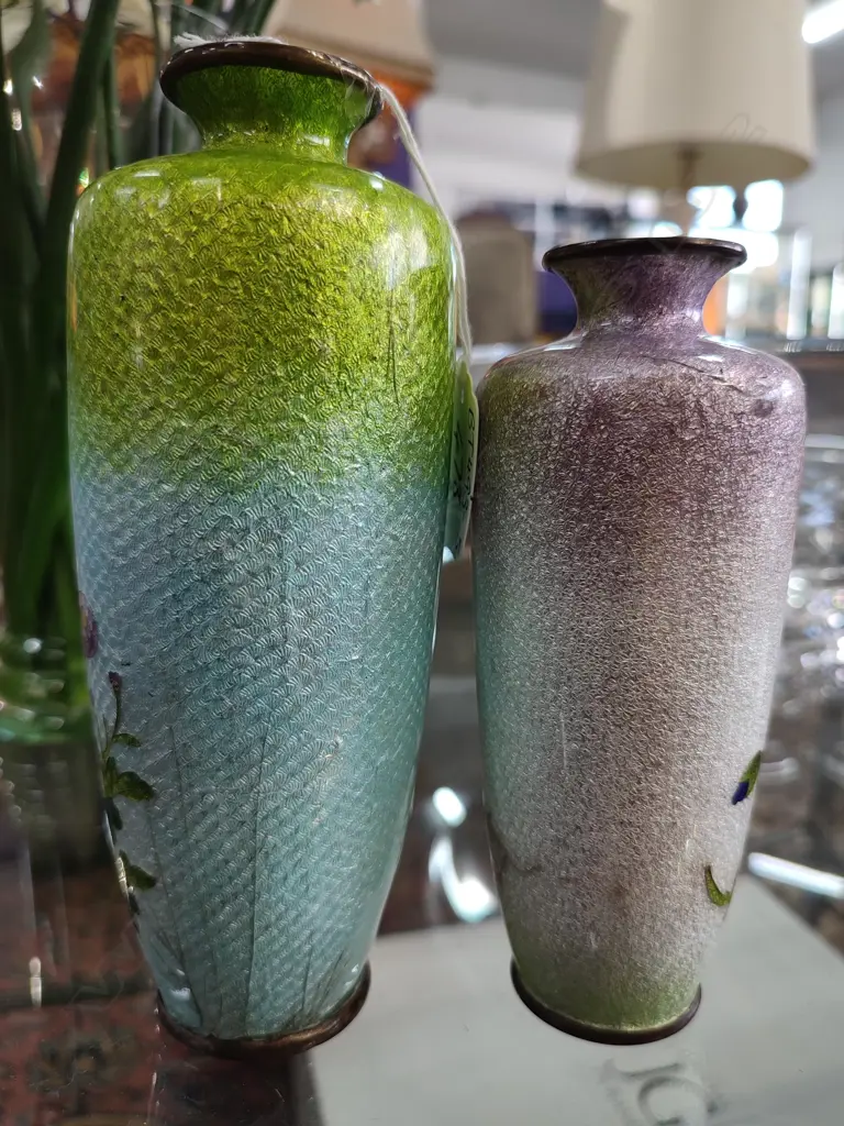 4 CLOISONNE VASES (LARGEST H 185MM) + CLOISONNE EGG W STAND  H 220MM Image 1++