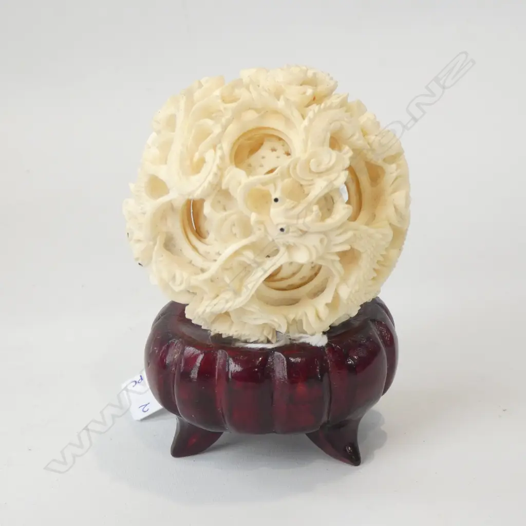 CARVED ORIENTAL PUZZLE BALL W WOODEN STAND  Image 1++