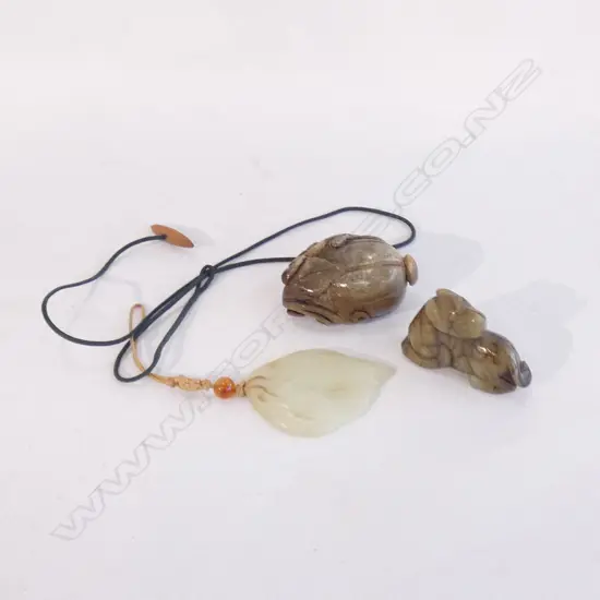 CHINESE JADE LEAF PENDANT; ZHOU STYLE LION & STONE QILIN ON FRUIT (3)