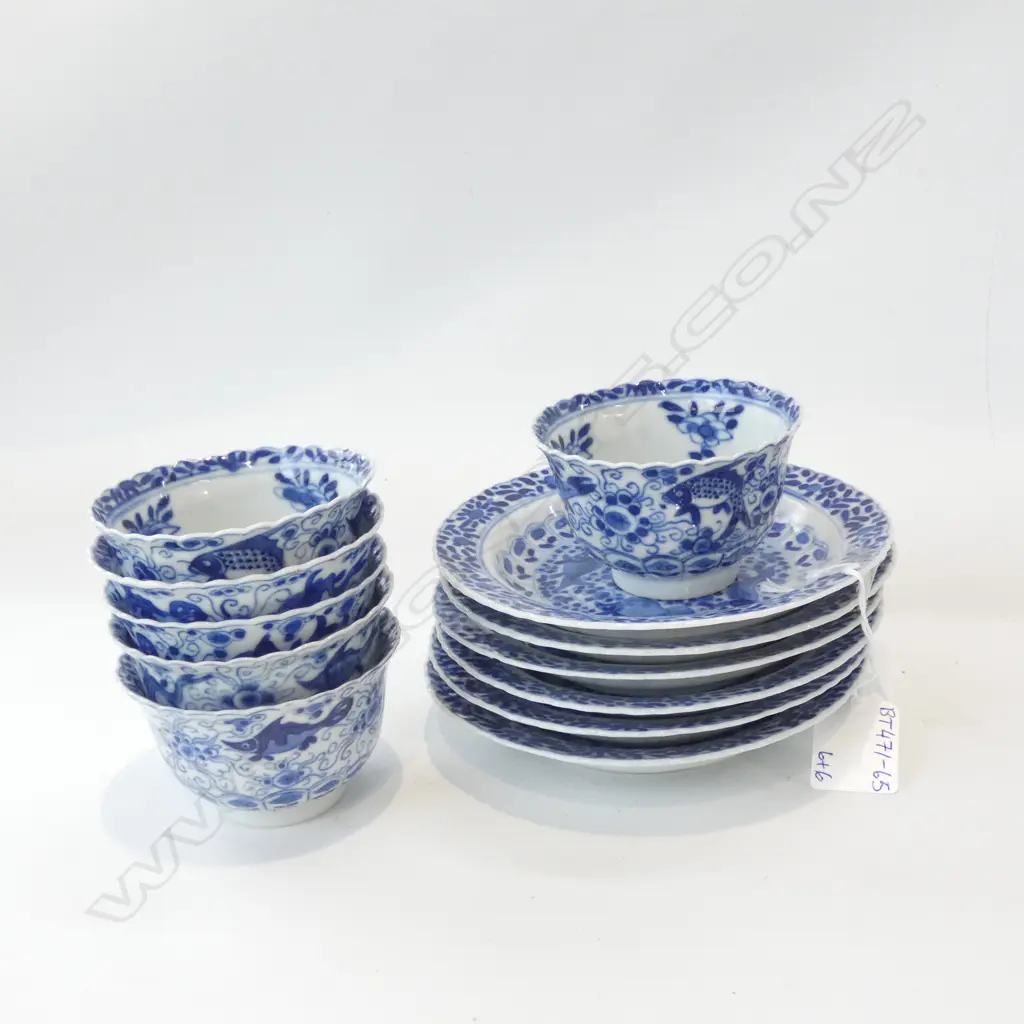 6 ORIENTAL BLUE & WHITE TEA BOWLS & PLATES  Image 1++