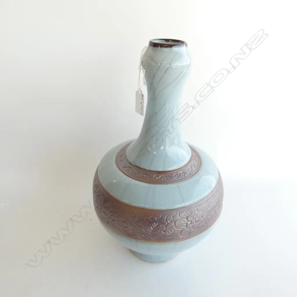 LARGE BLUE CHINESE VASE CRACKLE GLAZE & BANDS H.360mm Image 1++