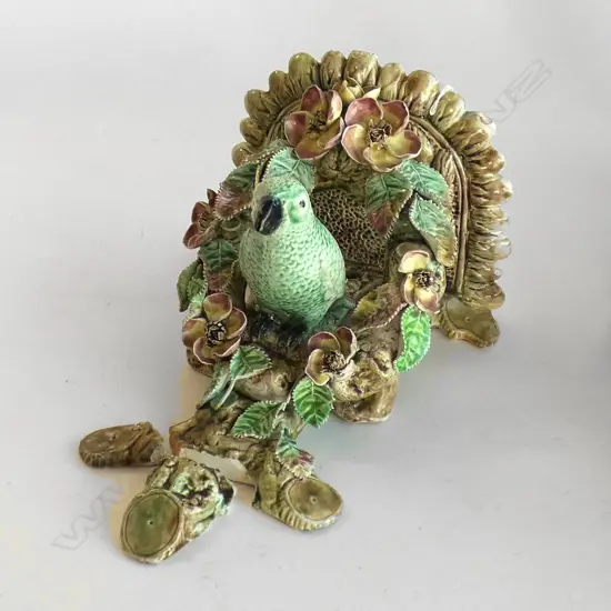 VICTORIAN MAJOLICA WALL BRACKET - PARROT IN FLOWERING TREE A/F H 280MM