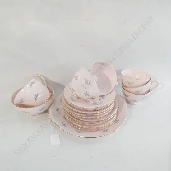 TUSCAN PINK TEA SET; 20 PC; 5 TRIOS; PLATE, JUG & BOWL - SPARE PLATE & SAUCER