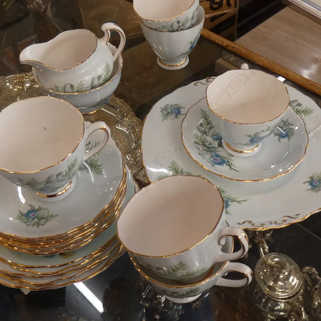 COLCLOUGH BLUE & FLORAL 21 PC TEA SET; 6 TRIOS / CAKE PLATE / SUGAR BOWL & JUG Image 1++