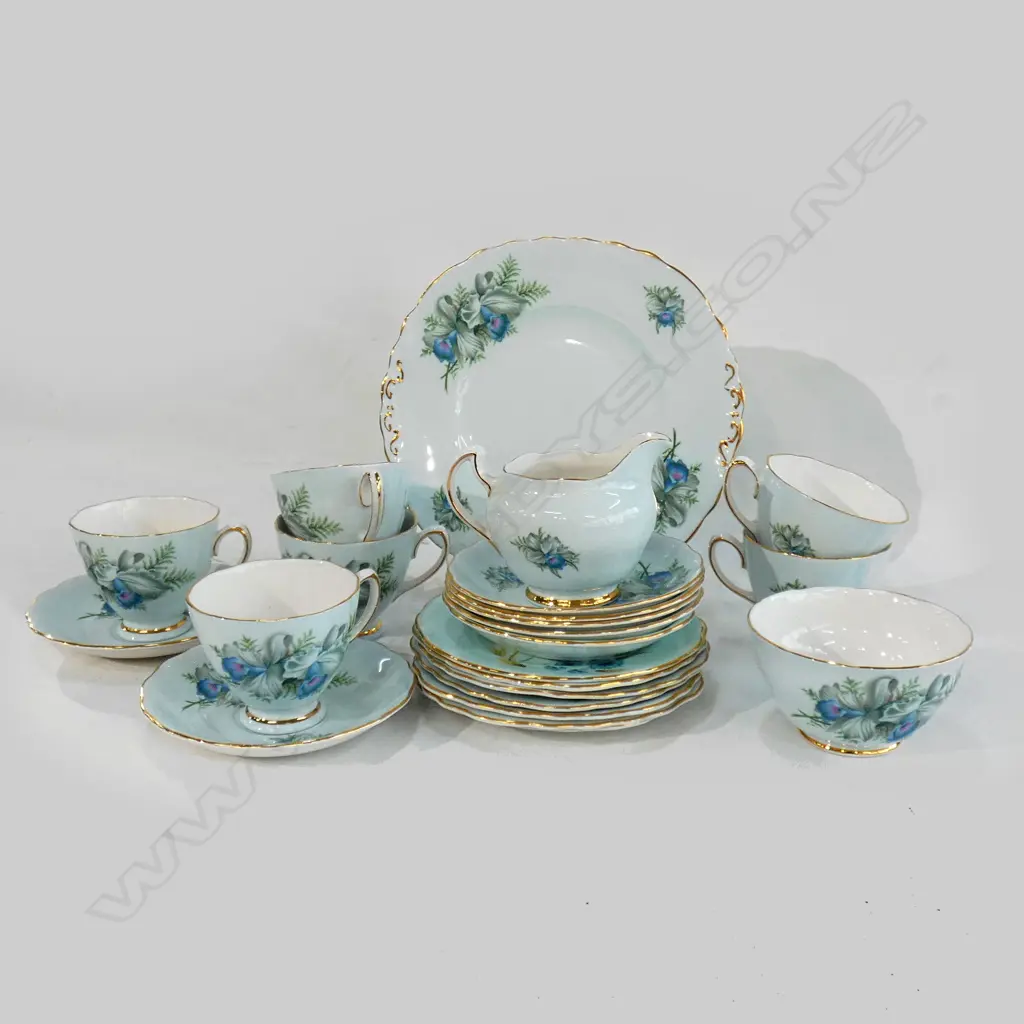 COLCLOUGH BLUE & FLORAL 21 PC TEA SET; 6 TRIOS / CAKE PLATE / SUGAR BOWL & JUG Image 1++