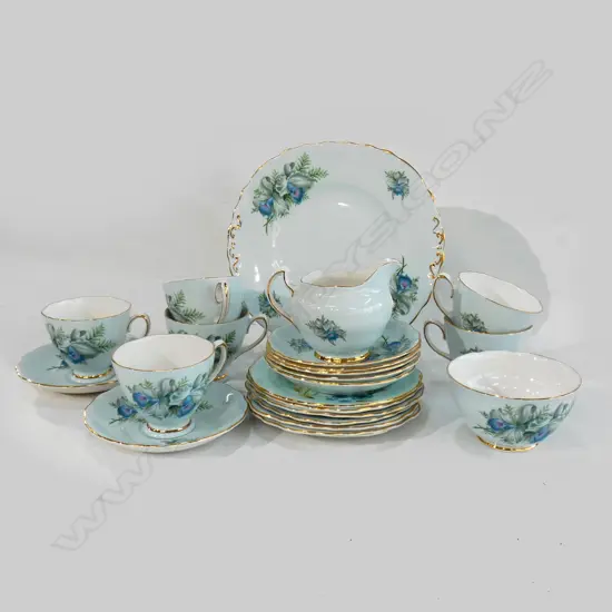 COLCLOUGH BLUE & FLORAL 21 PC TEA SET; 6 TRIOS / CAKE PLATE / SUGAR BOWL & JUG