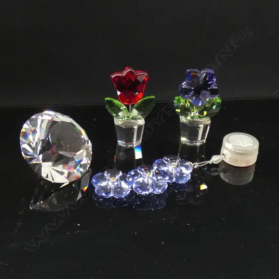 2 SWAROVSKI CRYSTAL FLOWER POTS;  RED TULIP & VIOLET + HANGING FLOWER & DIAMOND PAPERWEIGHT - ALL W BOXES & SLEEVES