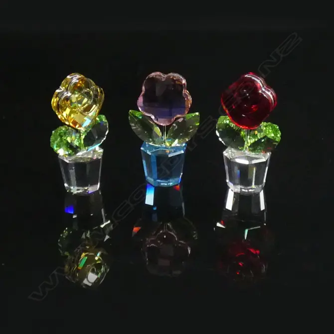 3 SWAROVSKI CRYSTAL FLOWER POTS; RED ROSE / YELLOW ROSE & PINK DAISY - ALL W ORIGINAL BOXES & SLEEVES  Image 1++