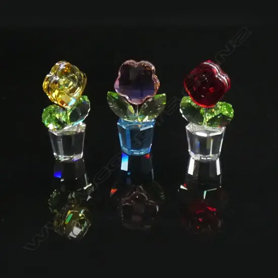 3 SWAROVSKI CRYSTAL FLOWER POTS; RED ROSE / YELLOW ROSE & PINK DAISY - ALL W ORIGINAL BOXES & SLEEVES 