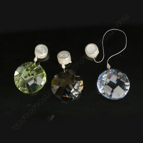 3 SWAROVSKI CRYSTAL WINDOW HANGING ORNAMENTS; BLUE / GREEN & SMOKEY BROWN - EACH INDIVIDUALLY BOXED W SLEEVE...