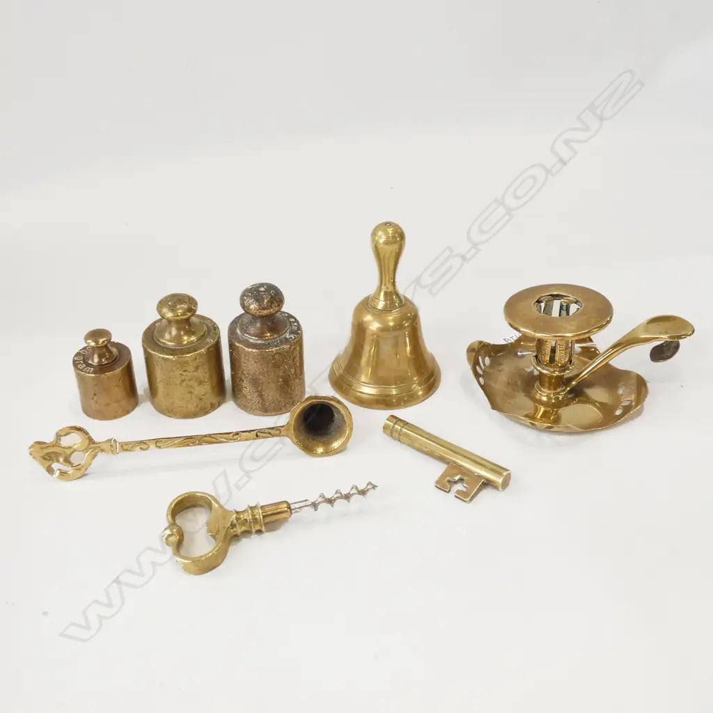 ASST SM BRASS ITEMS; WEIGHTS / CANDLE STICK / CANDLE SNUFFER ETC.. Image 1++