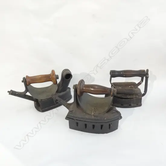 3 VICTORIAN IRONS; CAST IRON W WOODEN HANDLES - WARRINGTON