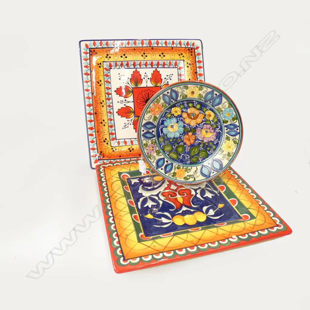 3 COLOURFUL CERAMIC PLATES; 2x360mm sq + 245mm dia Image 1++