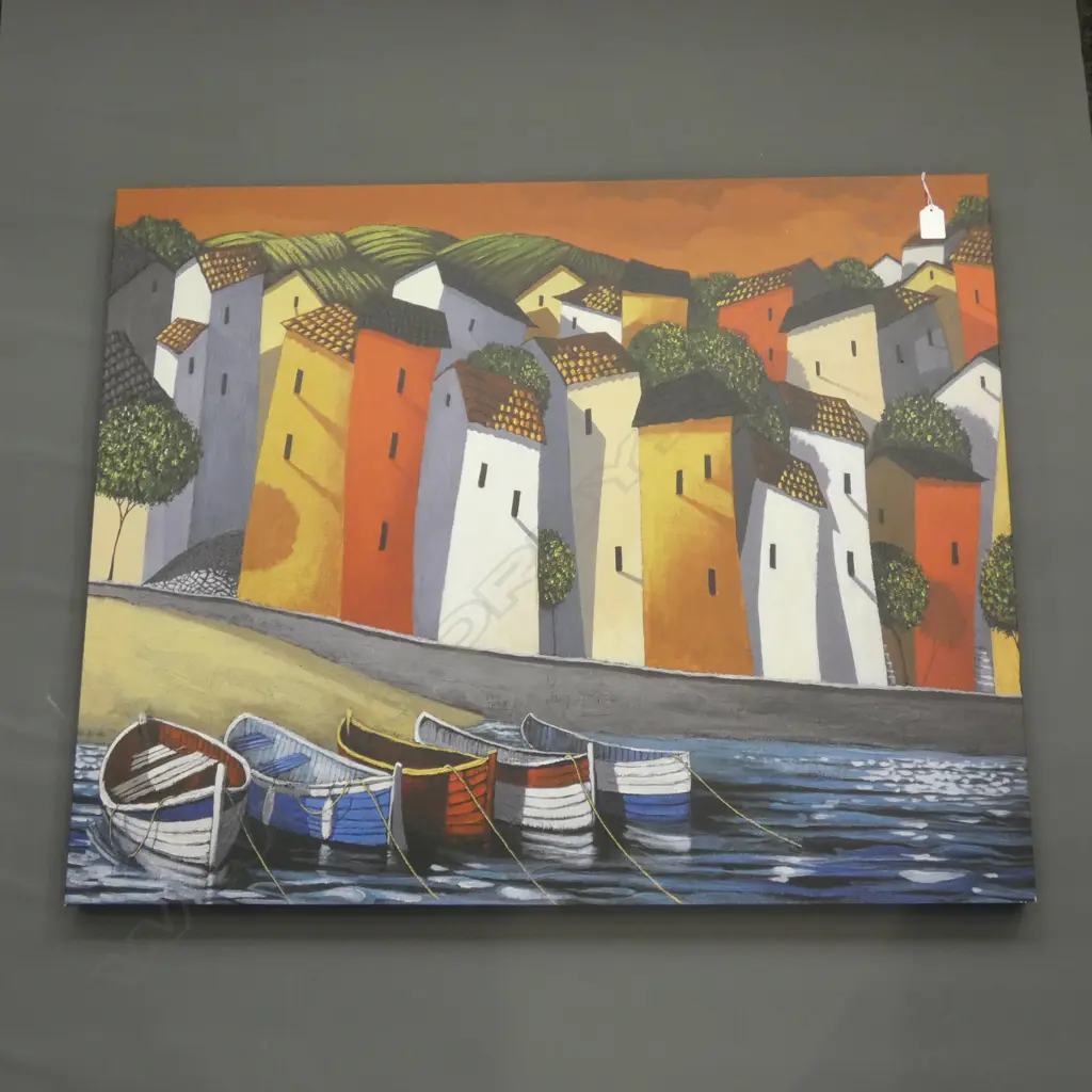 UNKNOWN ARTIST - PRINT ON FABRIC, "VILLAGE FORESHORE", 895 x 720 Image 1++