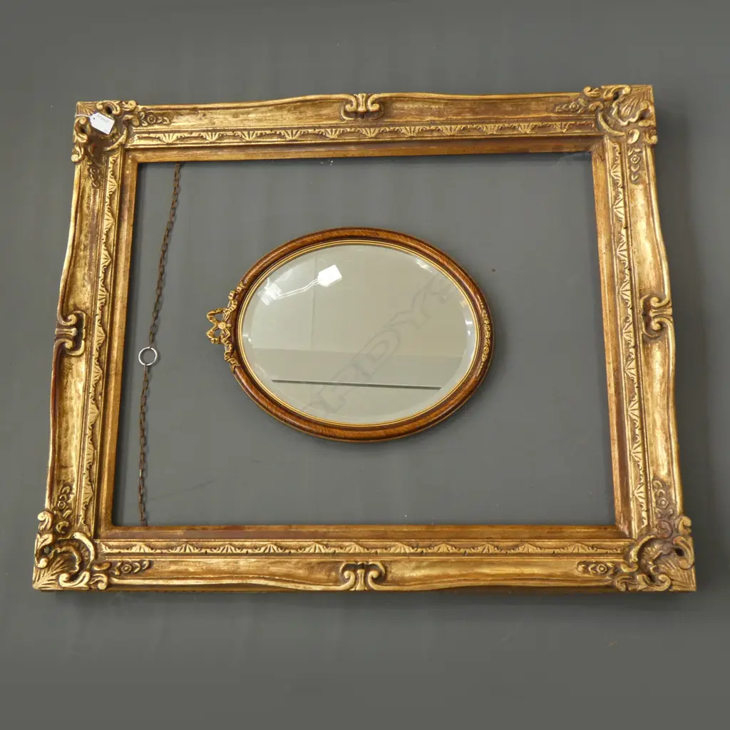 CARVED GILT FRAME. MINOR REPAIR REQUIRED, 780  x  940 AND WALL MIRROR, OVAL WOOD FRAME, 350 x 450 Image 1++