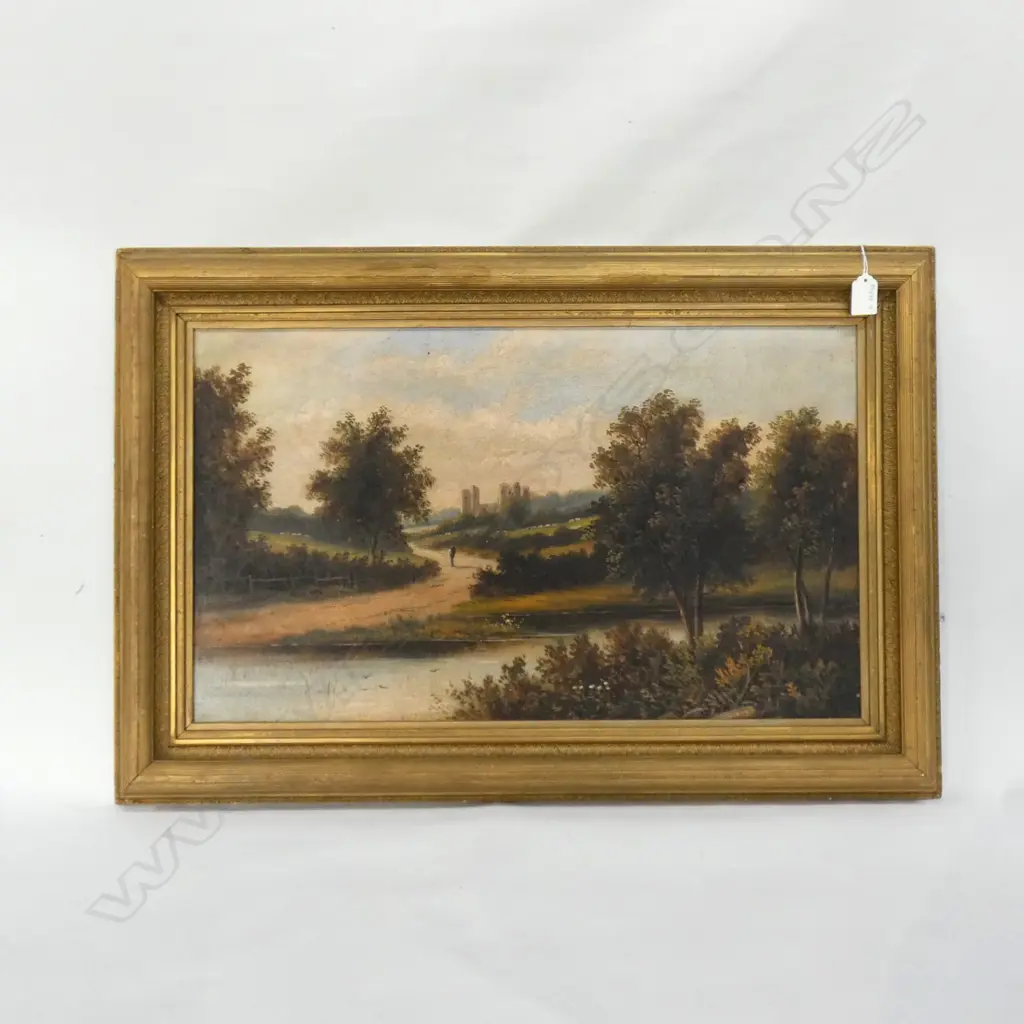 EARLY 20TH C OIL ON CANVAS  FIGURE IN LANDSCAPE WITH RIVER  360 x 610mm.   Image 1++