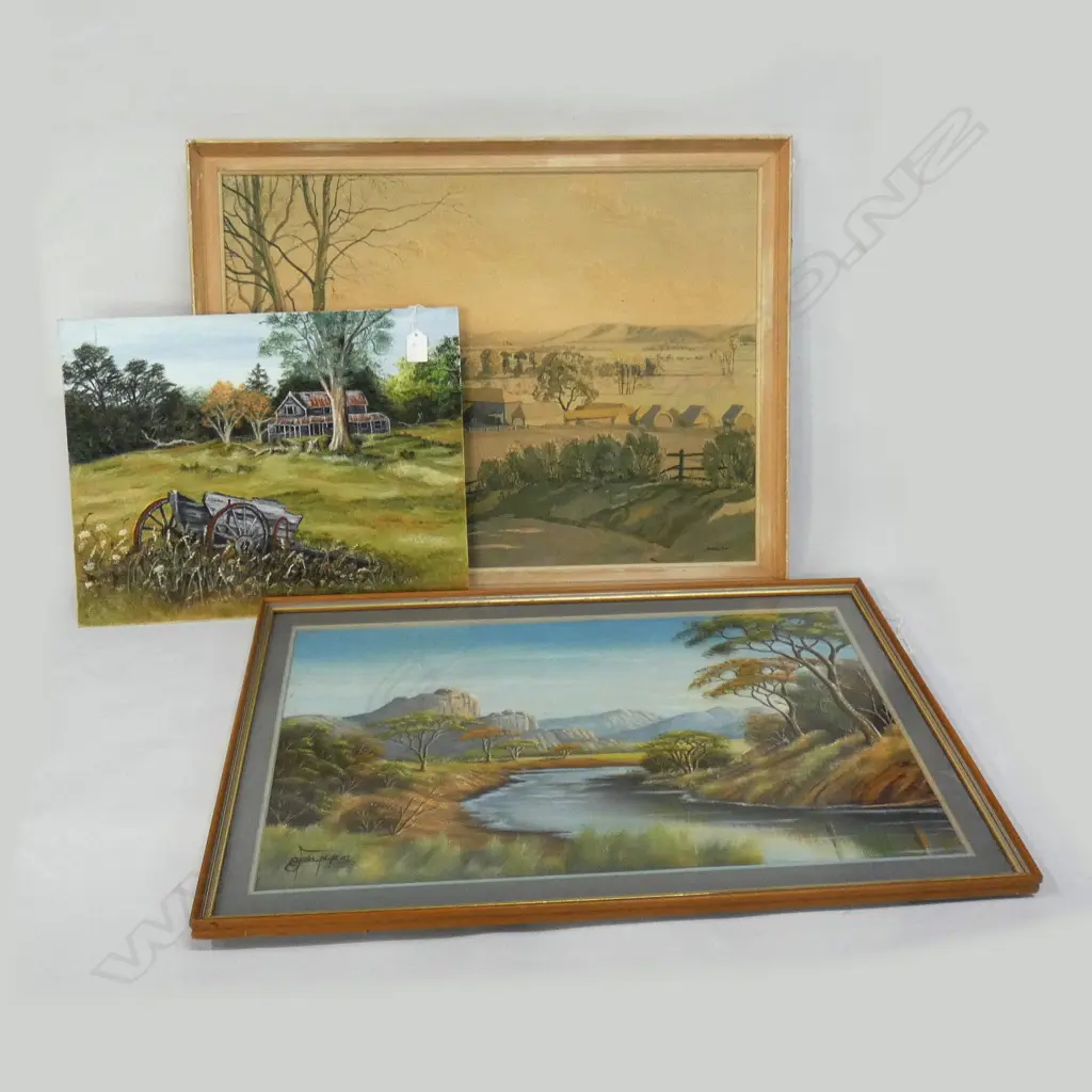 3 ARTWORKS; F. HALL OIL LANDSCAPE, AFRICAN LANDSCAPE OIL, GAIR PRINT 470 X 625MM Image 1++