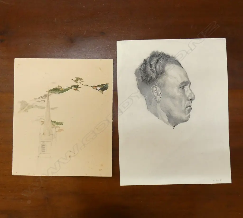 H L RICHARDSON 2 SKETCHES. PORTRIAT GENT & CHURCH.. Image 1++