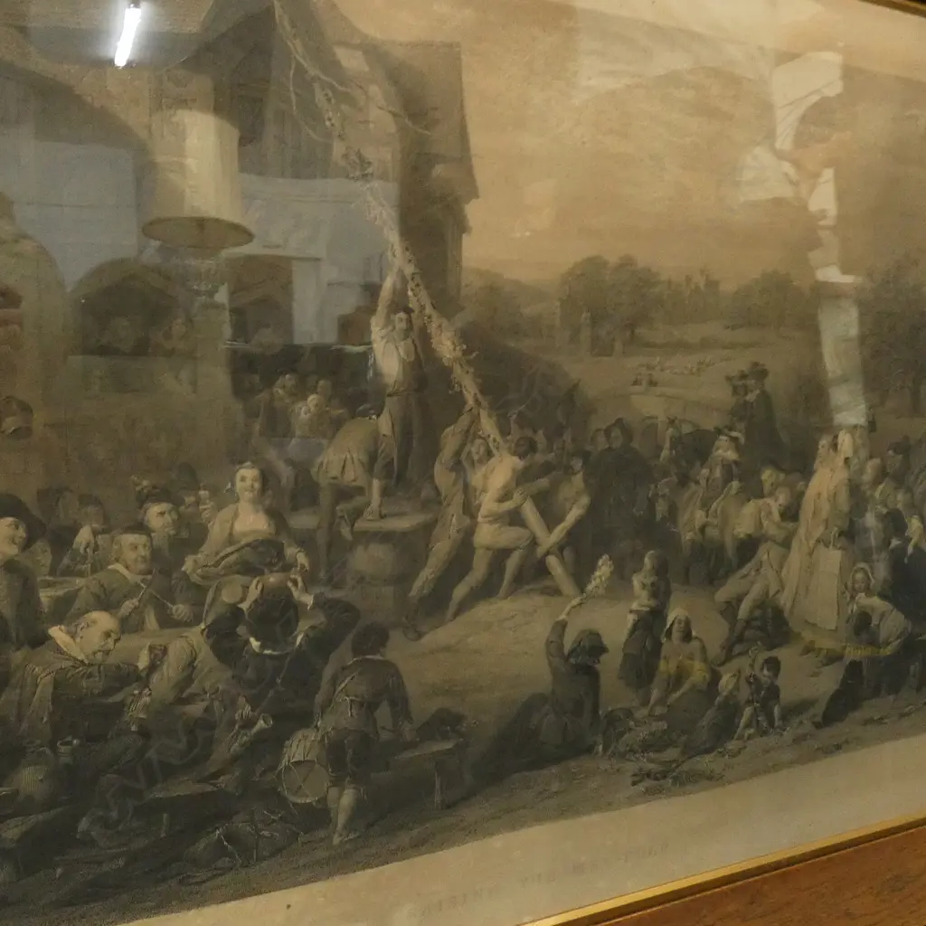 ENGRAVING BY C W SHARPE 'RAISING THE MAYPOLE'  ARTIST F GOODALL - ORIGINAL GLASS & OAK FRAME 600 X 900MM Image 1++