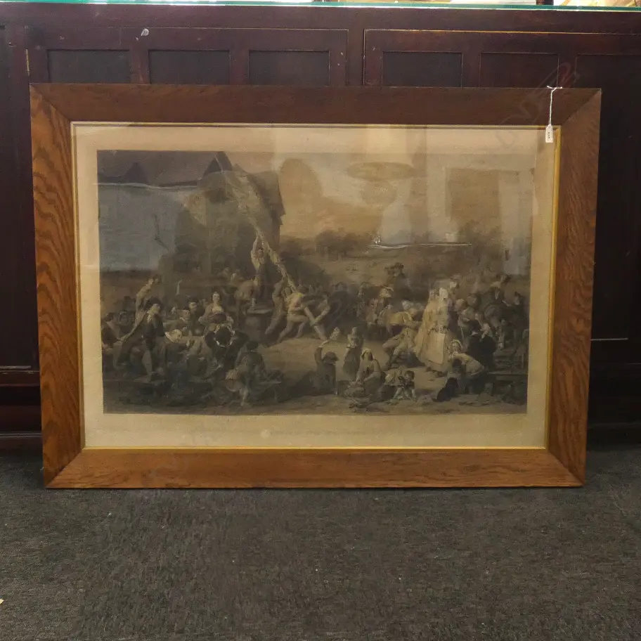 ENGRAVING BY C W SHARPE 'RAISING THE MAYPOLE'  ARTIST F GOODALL - ORIGINAL GLASS & OAK FRAME 600 X 900MM Image 1++