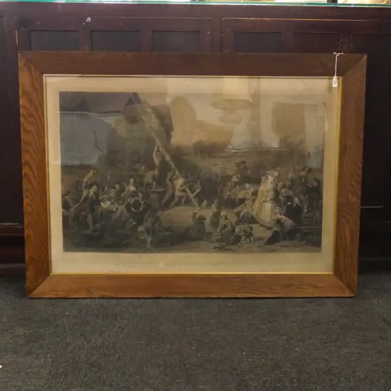 ENGRAVING BY C W SHARPE 'RAISING THE MAYPOLE'  ARTIST F GOODALL - ORIGINAL GLASS & OAK FRAME 600 X 900MM