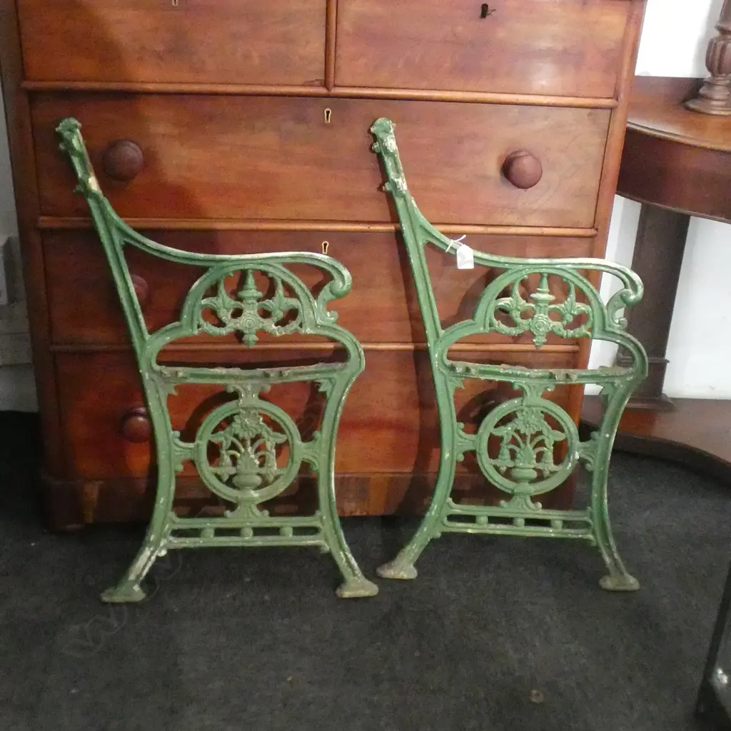 GREEN PAINTED CAST IRON BENCH ENDS Image 1++