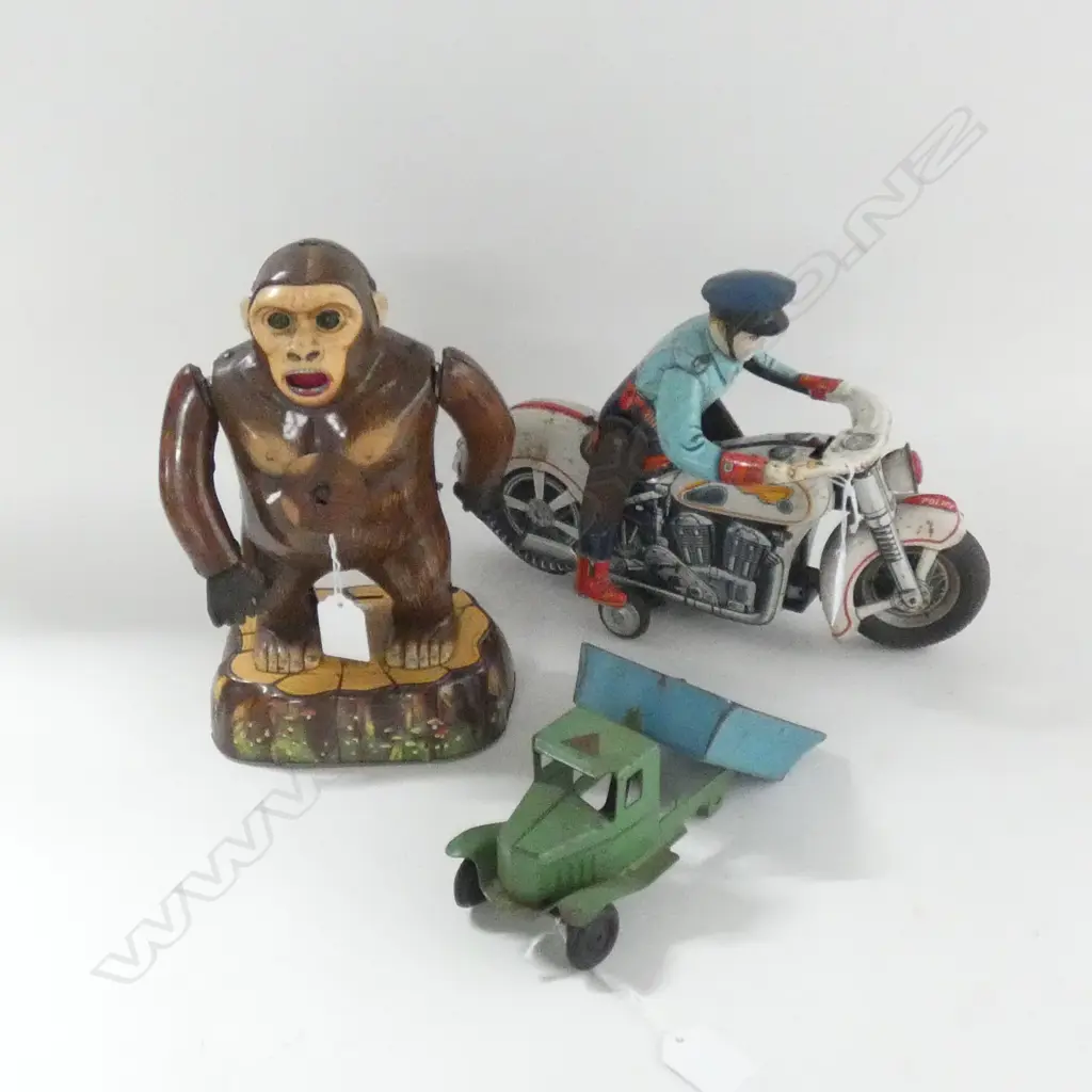 3 VINTAGE TIN TOYS; JAPANESE POLICE BIKER + GORILLA + LINES BROS. TRUCK AF  Image 1++