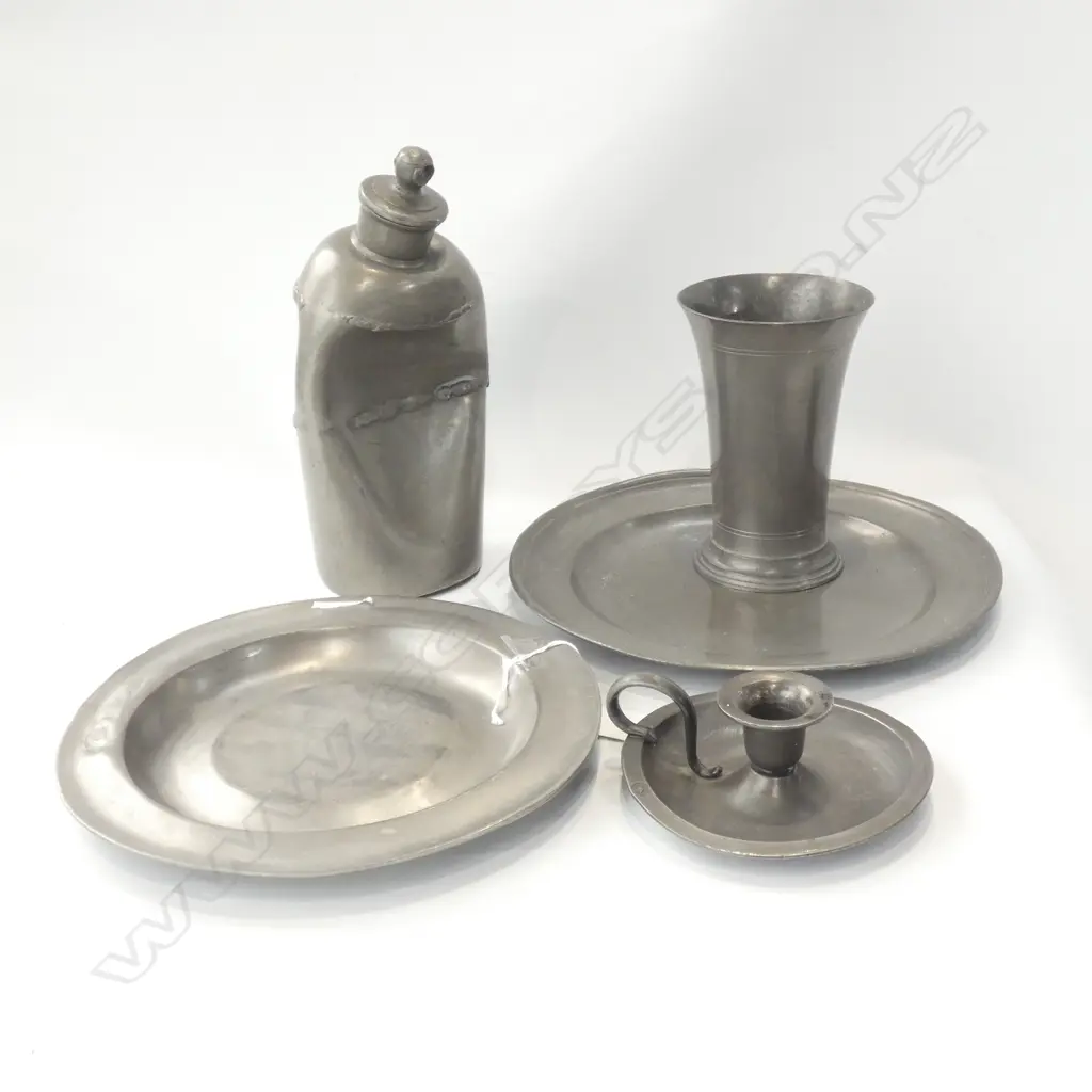 5 OLD PEWTER PCS; 2 PLATES / CANDLE HOLDER / CUP & HOT WATER BOTTLE CYLINDER (DENTED) Image 1++