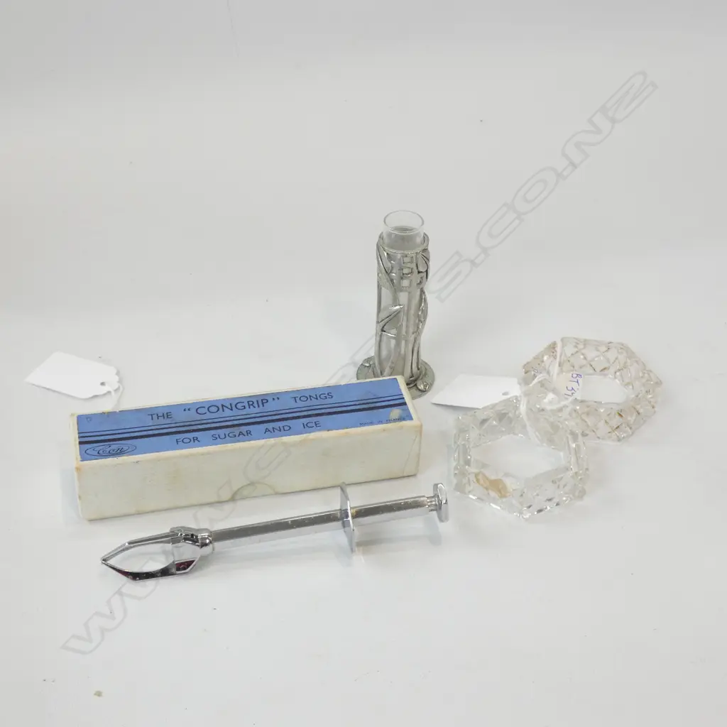 SM PEWTER & GLASS VASE / PR CRYSTAL NAPKIN RINGS & SUGAR / ICE TONGS (IN BOX) Image 1++