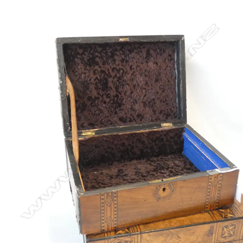 2 VINTAGE WOODEN INLAID BOXES; 1 WRITING BOX & 1 OTHER  Image 1++