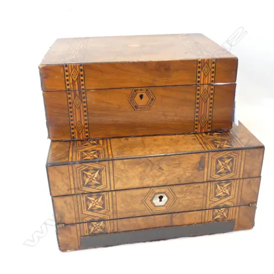 2 VINTAGE WOODEN INLAID BOXES; 1 WRITING BOX & 1 OTHER 